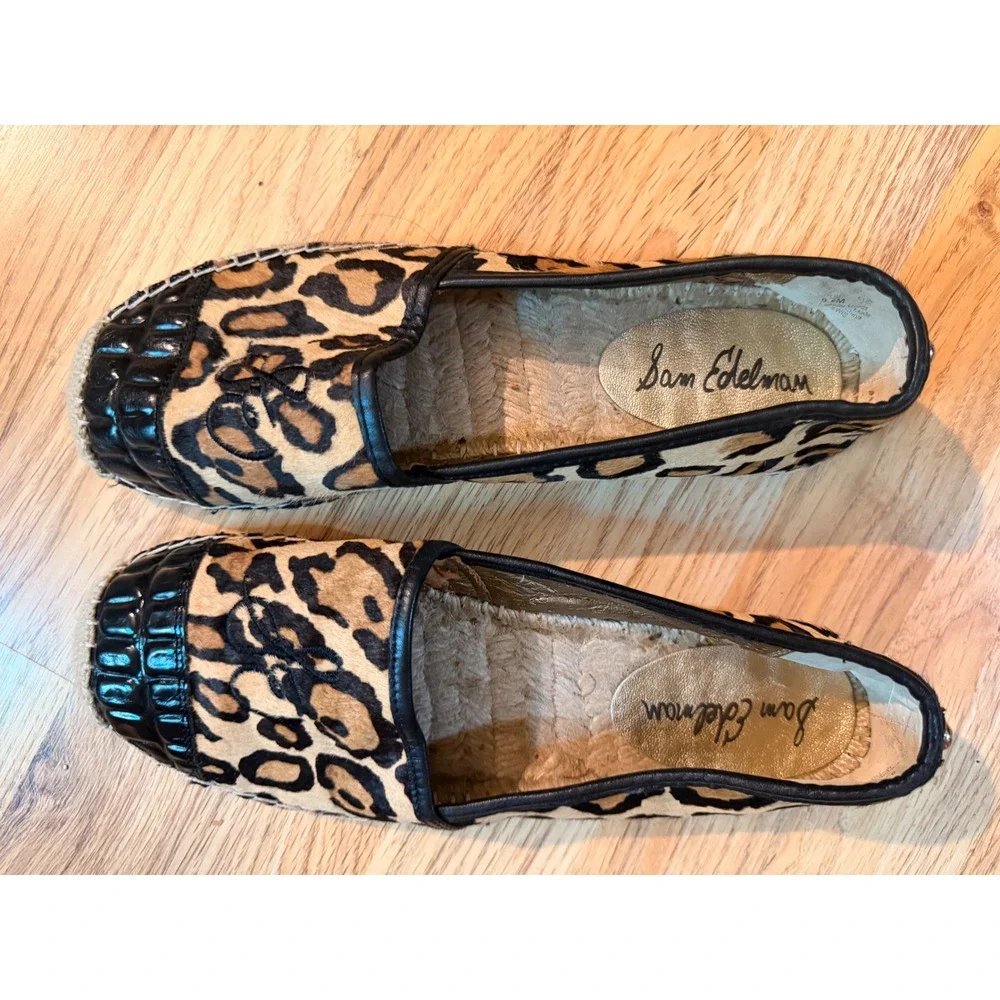 Sam Edelman Lewis Leopard Calf Hair Espadrille Flats Black Croc Cap Toe 9.5M